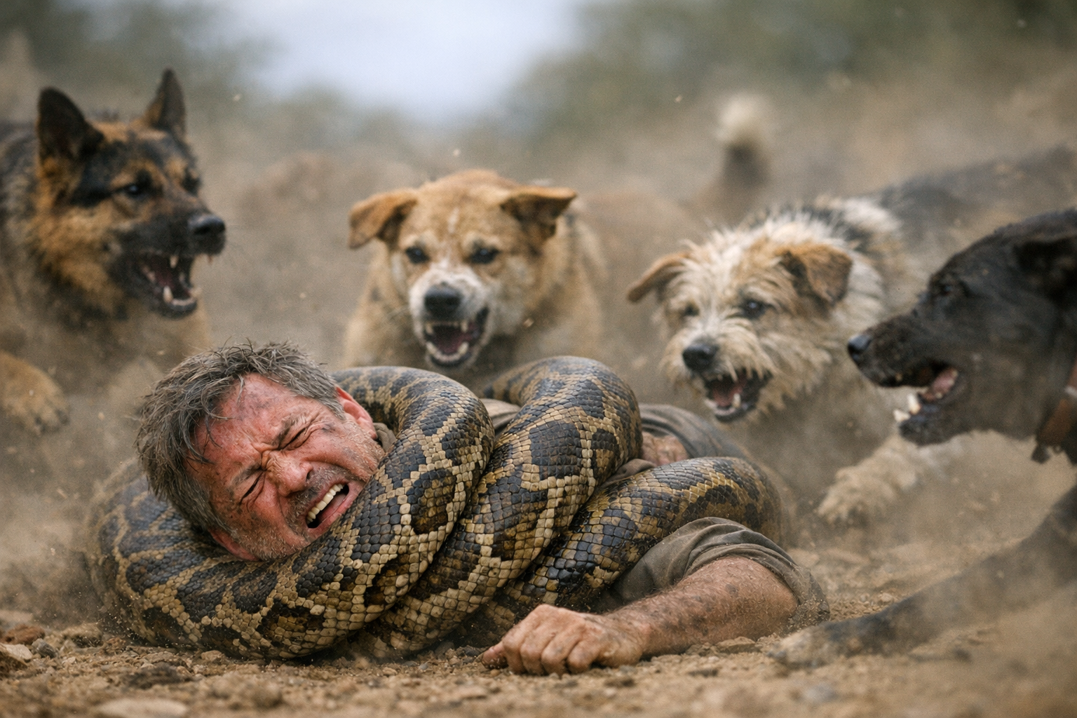 Terrifying Showdown: Dogs Battle Giant Python to Save Their Owner