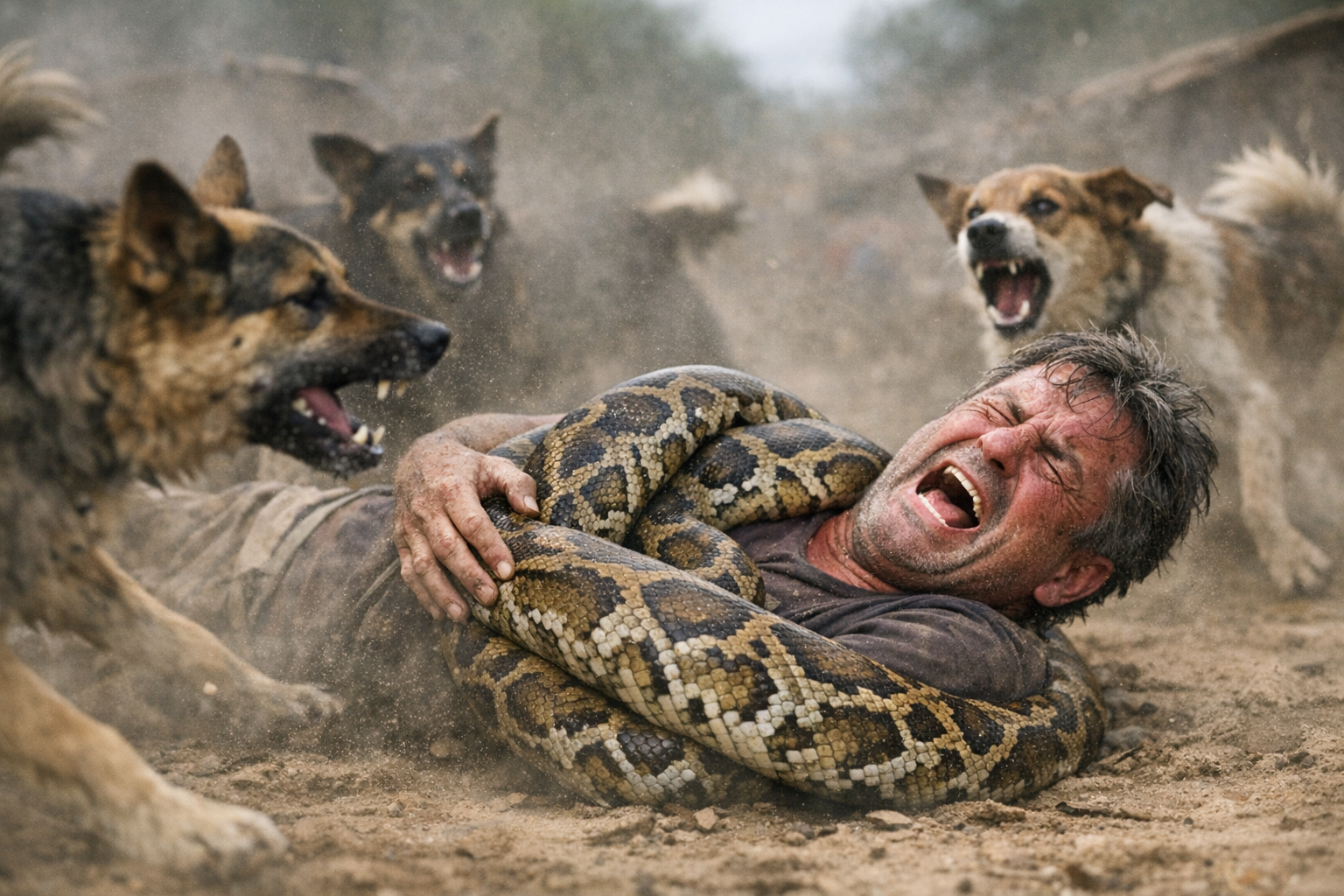 Dramatic Standoff: Dogs Battle Giant Python to Save Their Owner