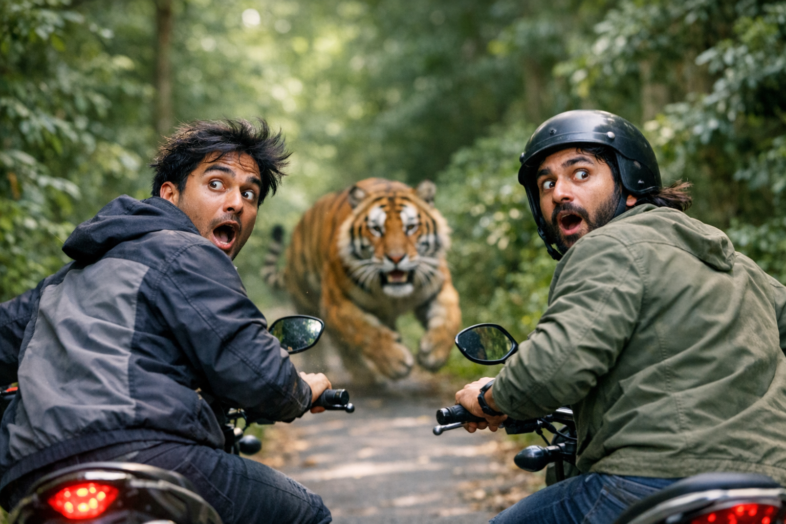 Motorcyclists' Heart-Stopping Encounter with a Charging Tiger