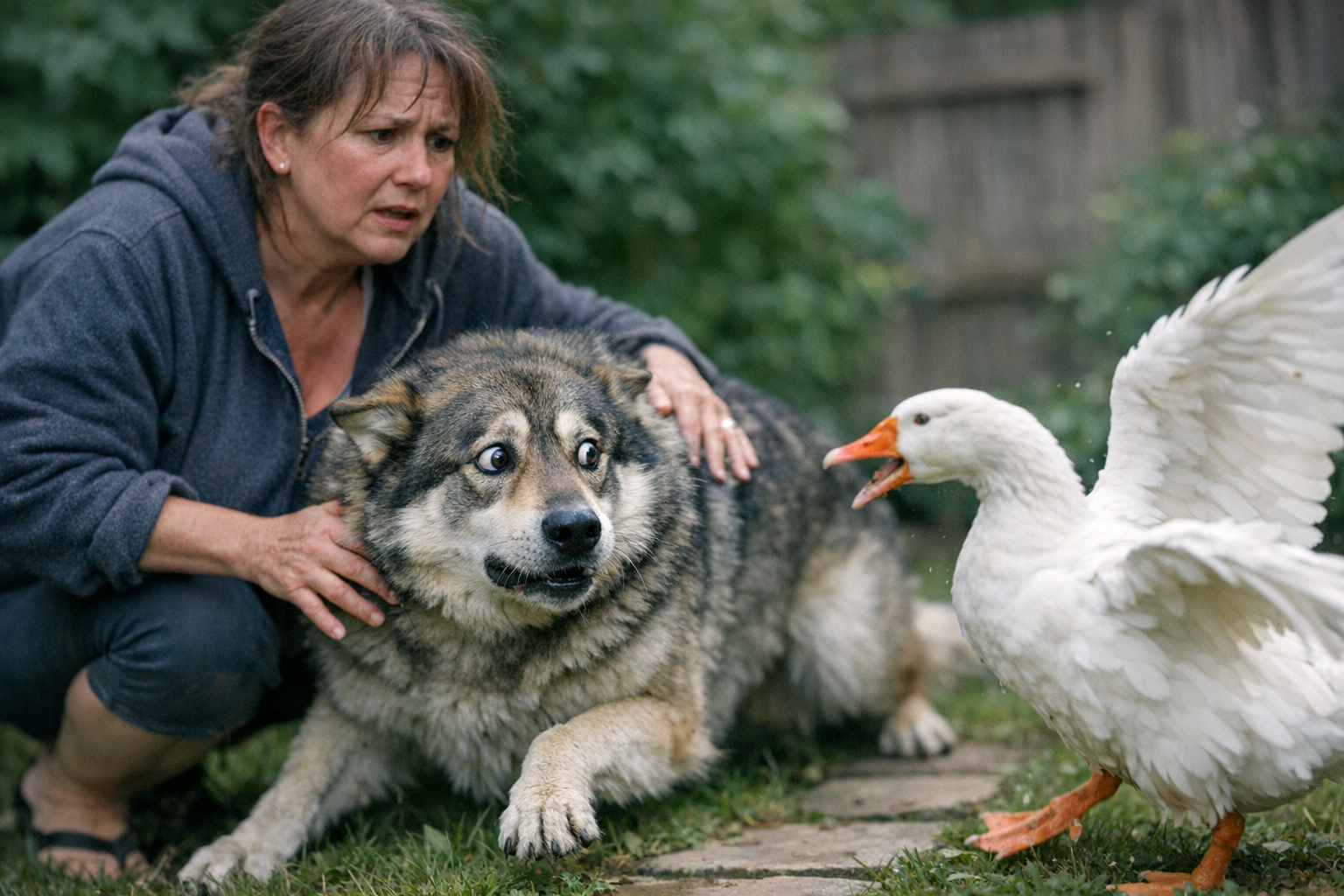 Gentle Giant Dog Retreats as Goose Takes Charge in Unexpected Backyard Drama