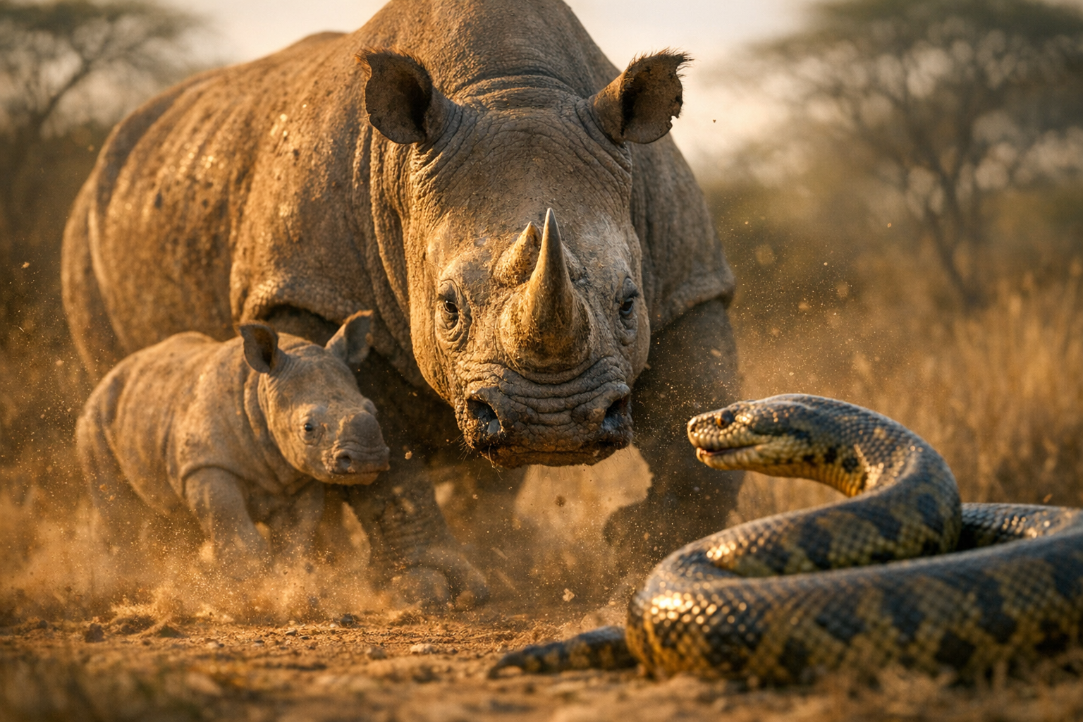 Mother Rhinoceros Stuns Everyone by Defending Her Calf Against Giant Anaconda