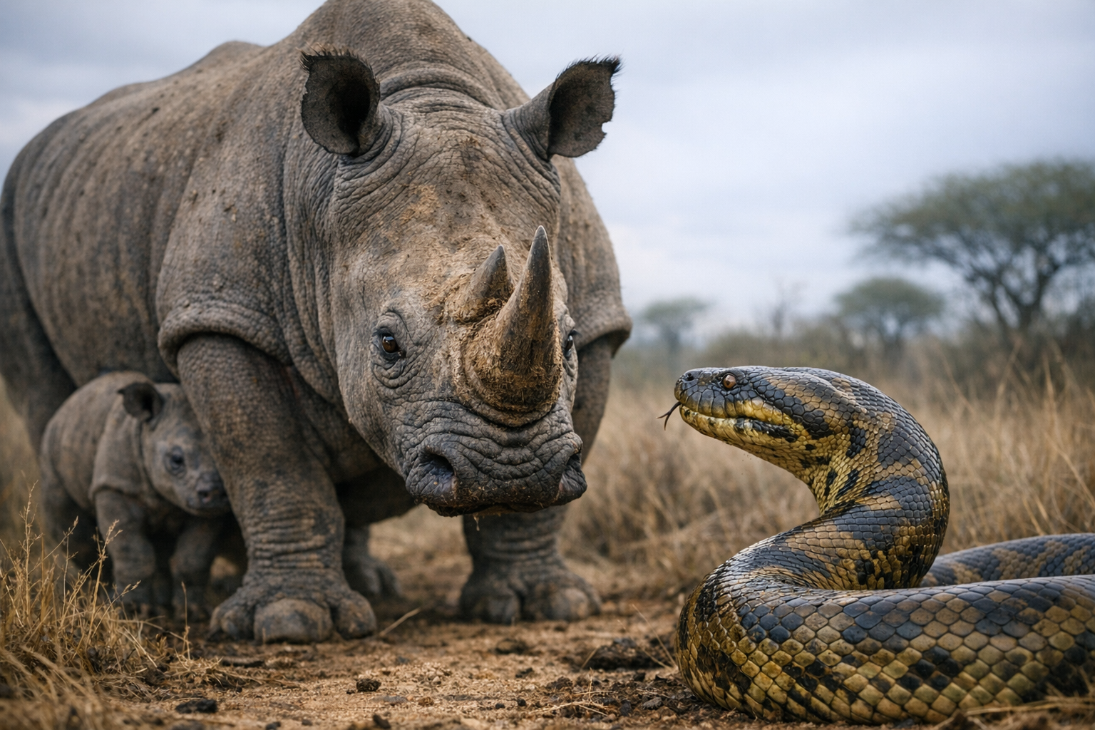 Mother Rhinoceros Stuns with Bold Move Against Giant Anaconda